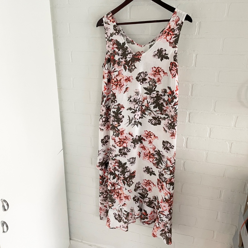 Romantic Linen Floral Midi Dress Ruffle Hem Effortless Chic Cream Olive Coral M - Picture 6 of 10